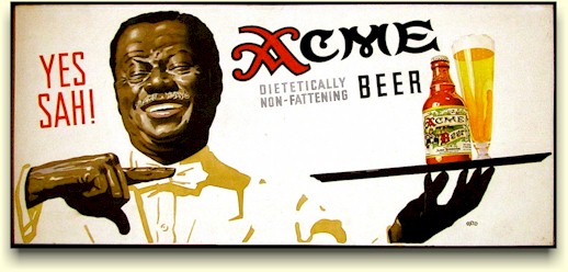 Waiter with tray of Acme beer, by Reid.