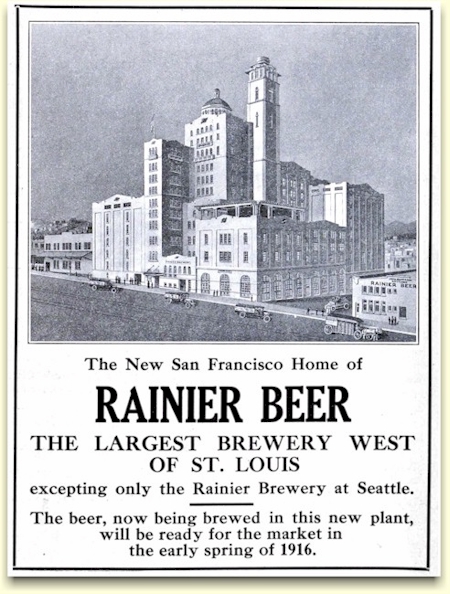 1915 ad announcing new Rainier Brewery in SF