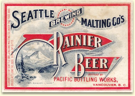 Rainier Beer label from the Pacific Bottling Works of Vancouver, B.C.