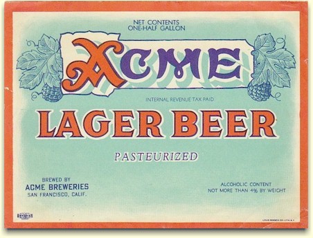Acme Lager Beer label half gal. Pasturized