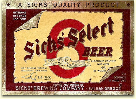 Sicks' Select Beer label from Salem ca.1946