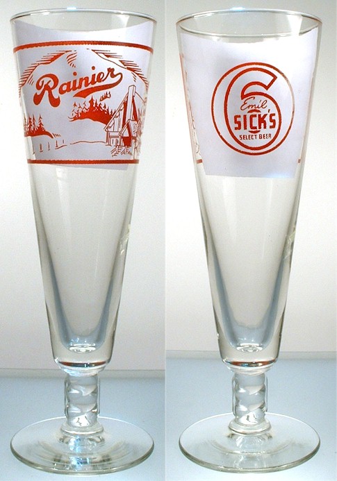 Sick's Select and Rainier sides of beer glass
