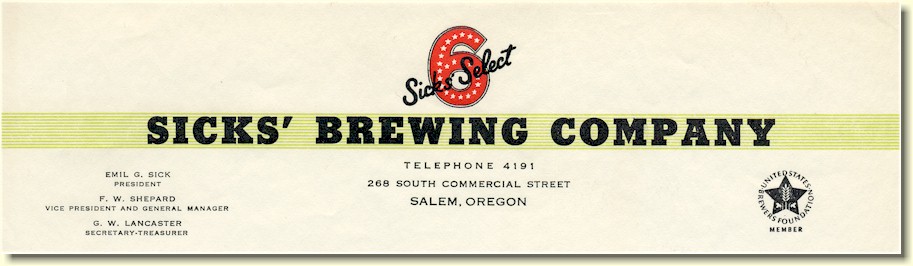 Sicks' Brewing Co. letterhead, c.1946 - image