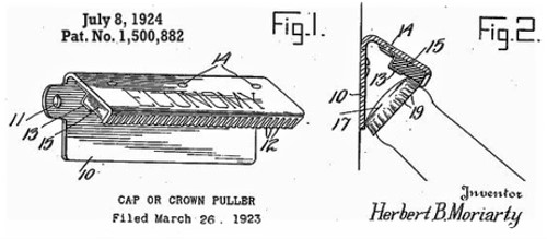 Patent drawing for Moriarity's cap puller ca.1924