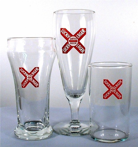 Thre styles of early Lucky Lager beer glasses.